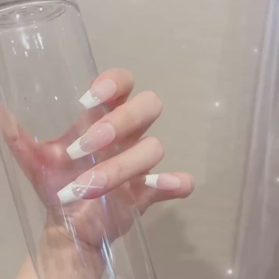Long Coffin Pink & White Press-On Nails with Ballet-Inspired Design | Tipora 106