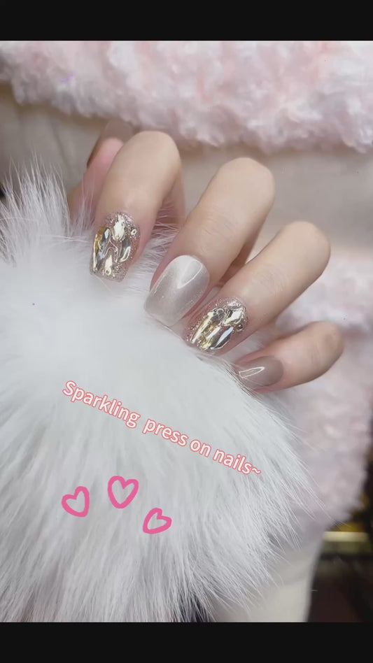 Short Square Press on Nails Beige Color with Sparkle Design 125