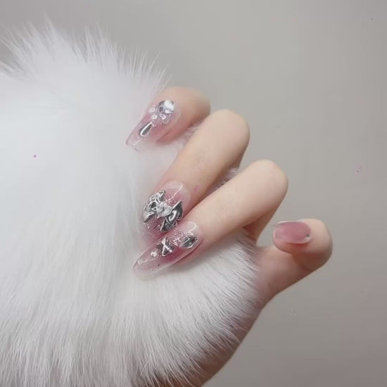 Pink Medium Coffin Press-On Nails with 3D Bowknot Design | Tipora 086