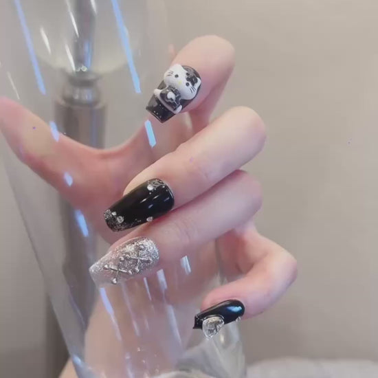 Black & Silver Medium Coffin Press-On Nails with Cat & Bowknot Design | Tipora 039