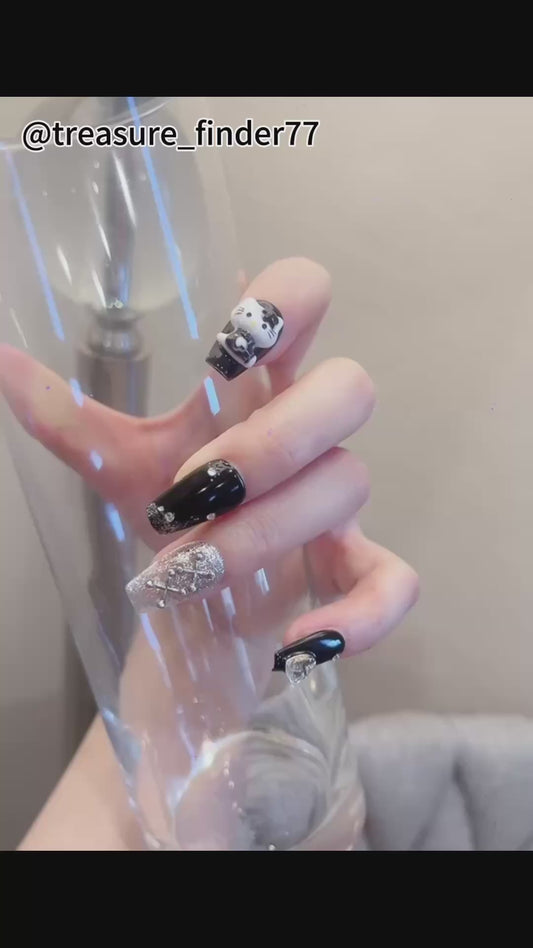 Black & Silver Medium Coffin Press-On Nails with Cat & Bowknot Design | Tipora 039