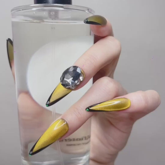 Yellow Long Stiletto Press-On Nails with Rhinestones – Tipora 082