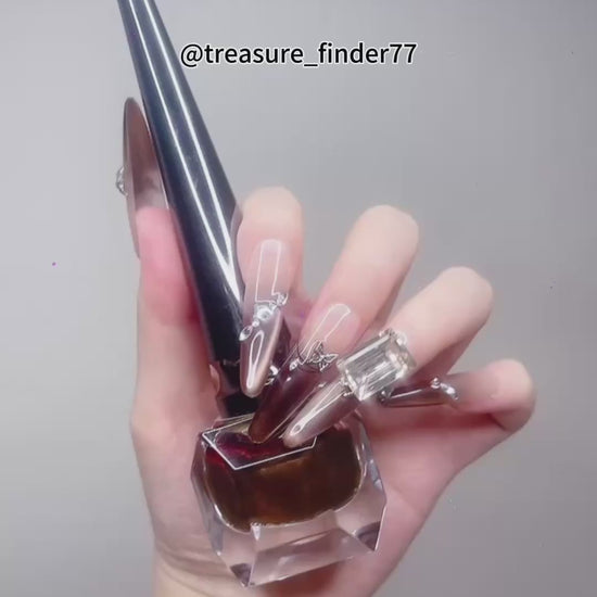 Brown Long Oval Press-On Nails with Square Rhinestone Design – Tipora 085