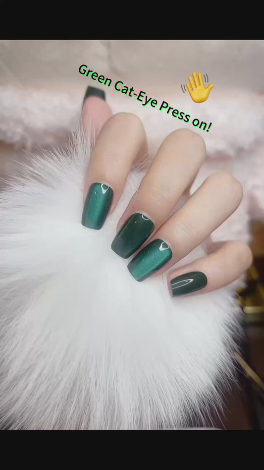 Short Square Press on Nails Green Color with Cat-Eye Design 122
