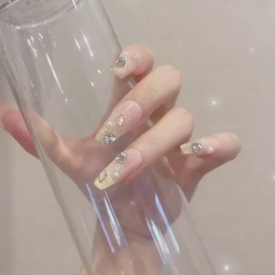Long Coffin Yellow Press-On Nails with Sparkle Design | Tipora 103