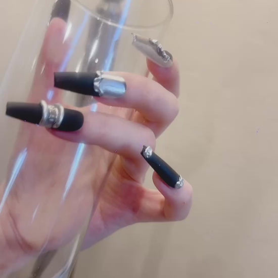 Black and Silver Long Coffin Press-On Nails with Bamboo Design – Tipora