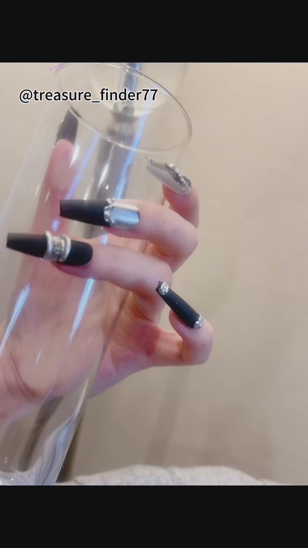 Black and Silver Long Coffin Press-On Nails with Bamboo Design – Tipora