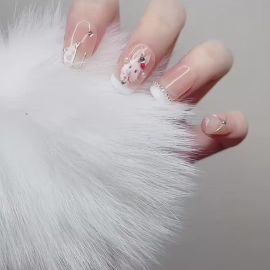 French Tip Press-On Nails with Cute Bunny Design | Tipora 093