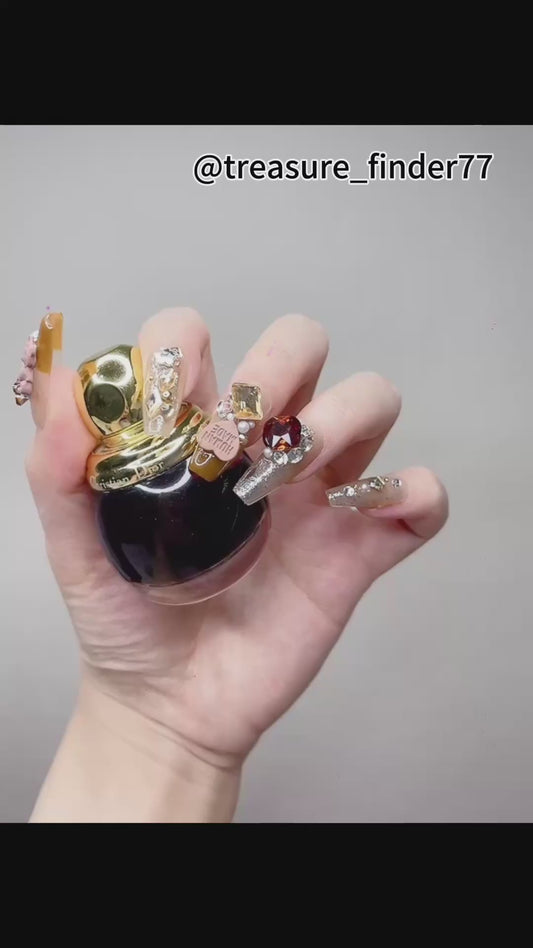 Long Coffin Press on Nails Brown Color With 3D Bear and Sparkle Design (078)
