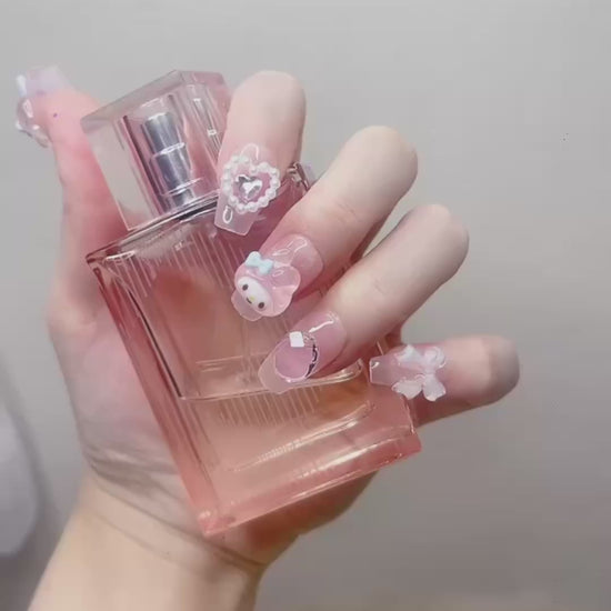Pink Medium Square Press-On Nails with 3D Melody Design | Tipora 007