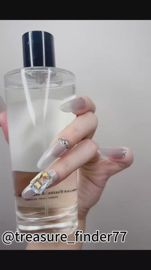 Long Oval Press on Nails Gray Color with Rhinestone (003)