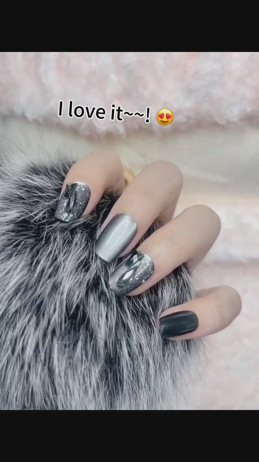 Press on Nails Square Shape Black Cat-Eye Color with Sparkle Design 127 Glam Easy Application for Various Occasions