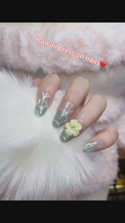 Press on Nails Oval Shape Green Color with Hawaii Flower Design 124