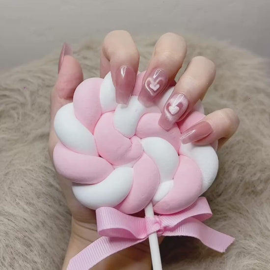 Pink Medium Coffin Press-On Nails with Heart Design – Tipora 038 Limited Edition