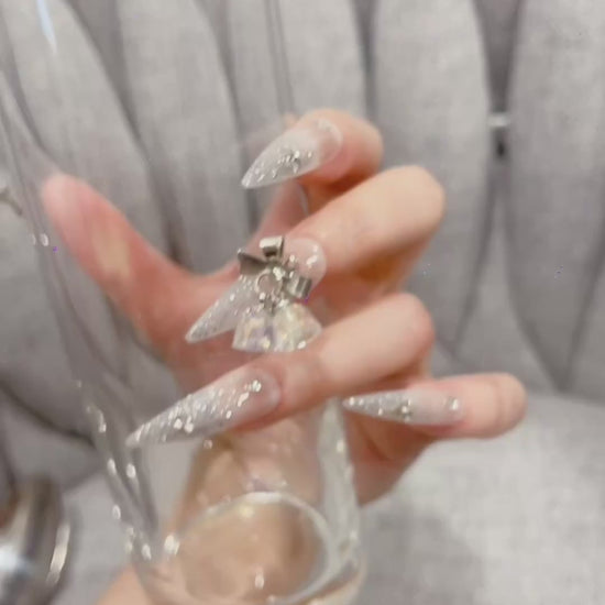 Silver Long Stiletto Press-On Nails with Bell Design | Tipora 022