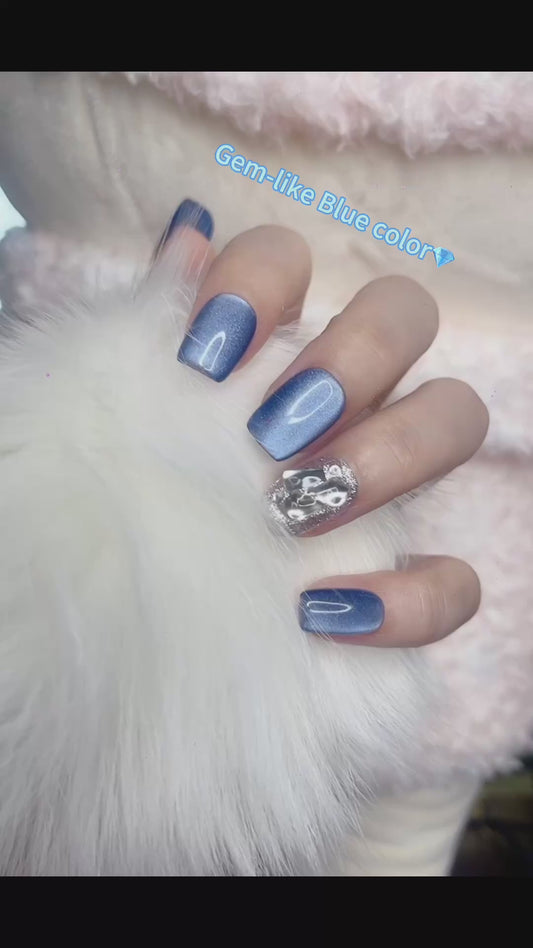 Press on Nails Short Square Shape Gem-Like Blue Color with Sparkle Design 129