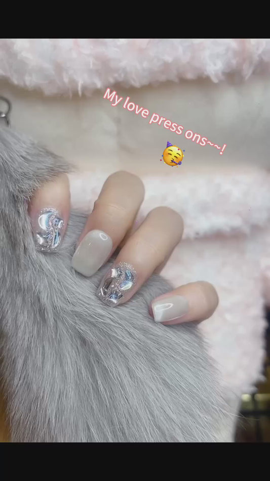 Press on Nails Short Square White Color with Ocean Design 121